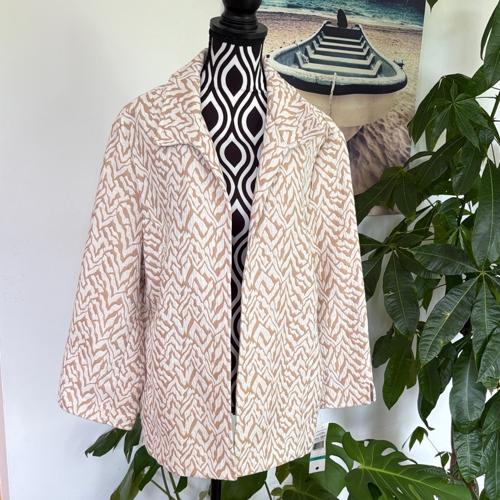 NWT Alfred Dunner Cream & Beige Patterned Open-Front Pea Coat